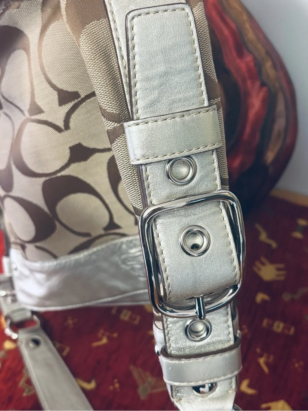Coach Brown Signature Canvas Shoulder Bag with Silver Trim